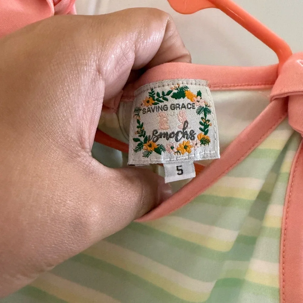 Saving Grace Smocks Girls Green Striped Tie Shoulder Bubble Romper Size 5